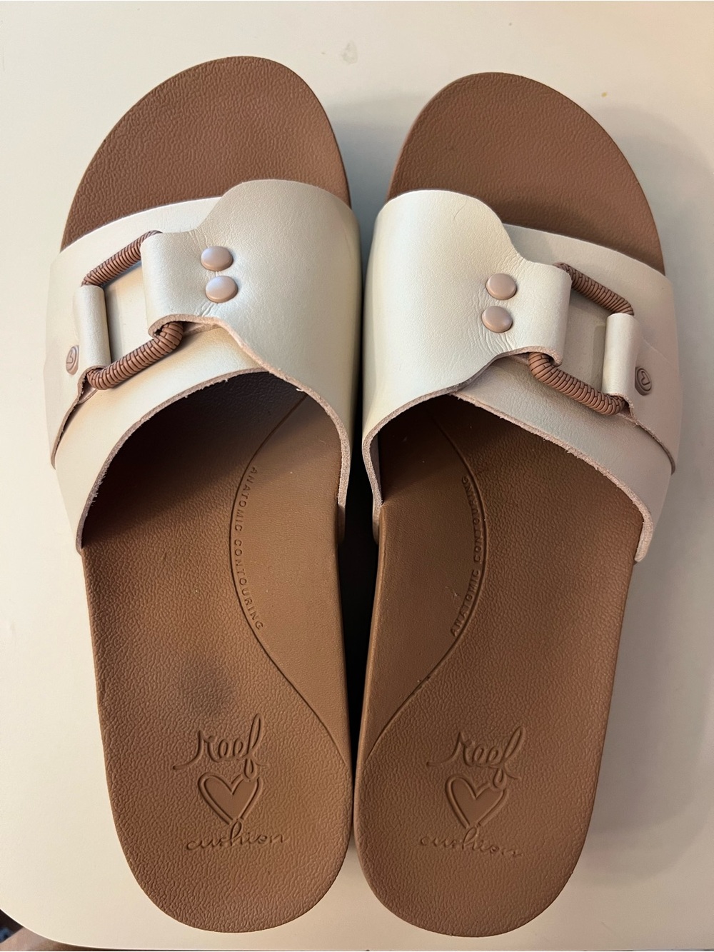 Reef Vista Hi Sadie Cream & Brown Slide Sandals Vegan Leather Sz 8